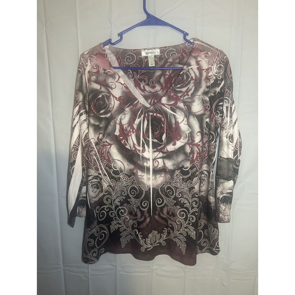 Vintage Y2K Dressbarn Gothic Rose Rhinestone Top Whimsigoth Split Sleeve Large